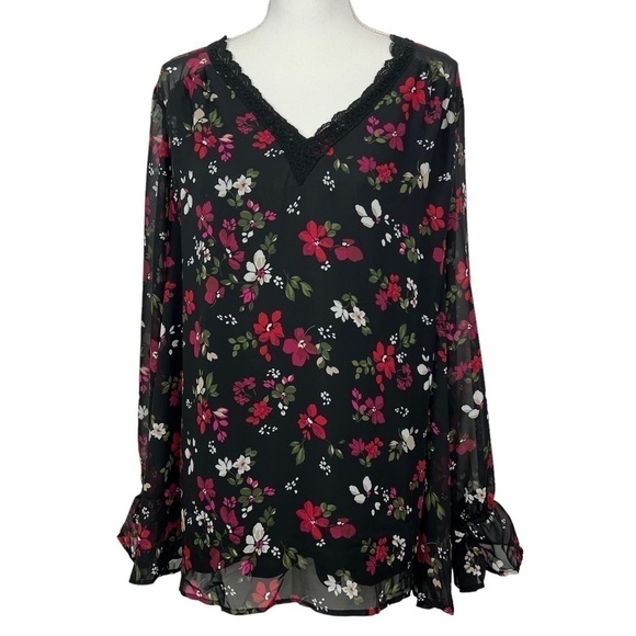 LANE BRYANT Women’s Pullover Top Sz 24 (3X) Multi Color Floral Lined V-neck LS - Picture 1 of 11